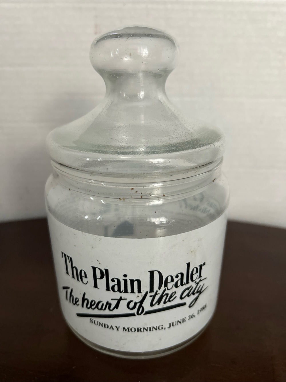 1988 Clear Glass Candy/ storage  Jar honoring Thomas Vail
